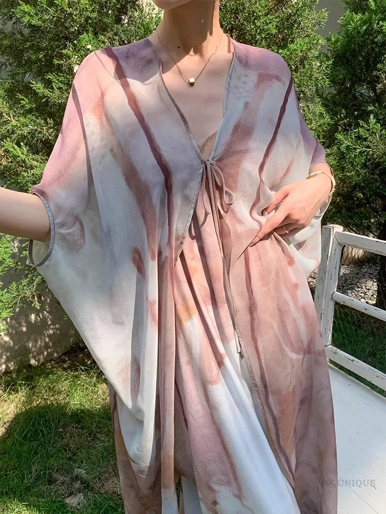 Zweiteiliges Set mit Zigarettenpulver-Batik-Unterhemd im nationalen Stil, hochwertiges, klassisches Sonnenschutzhemd für Damen