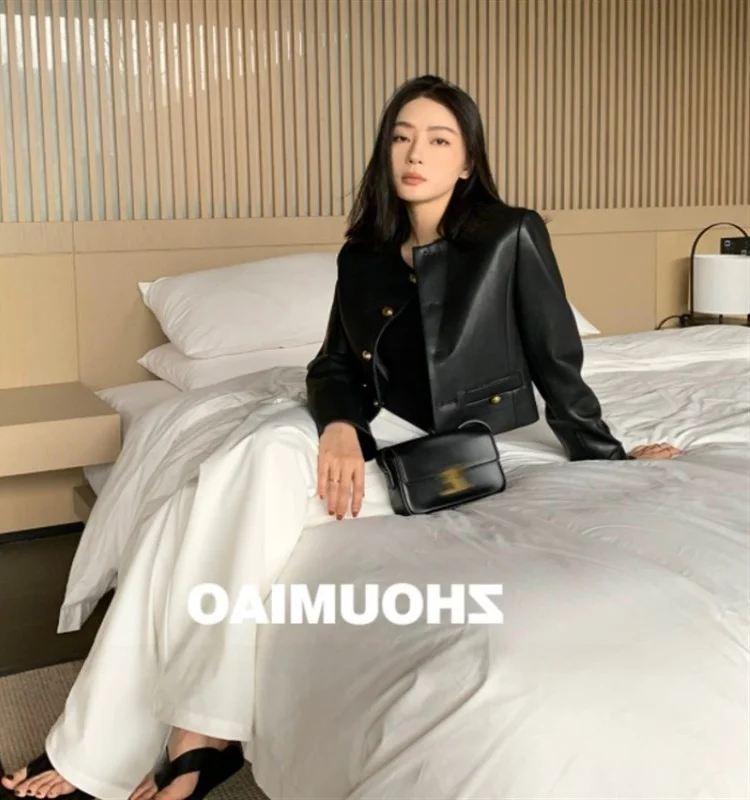 

Новая женская повседневная свободная куртка из искусственной кожи 2023 года, золотисто-синяя, в стиле ретро, укороченная, верхняя одежда