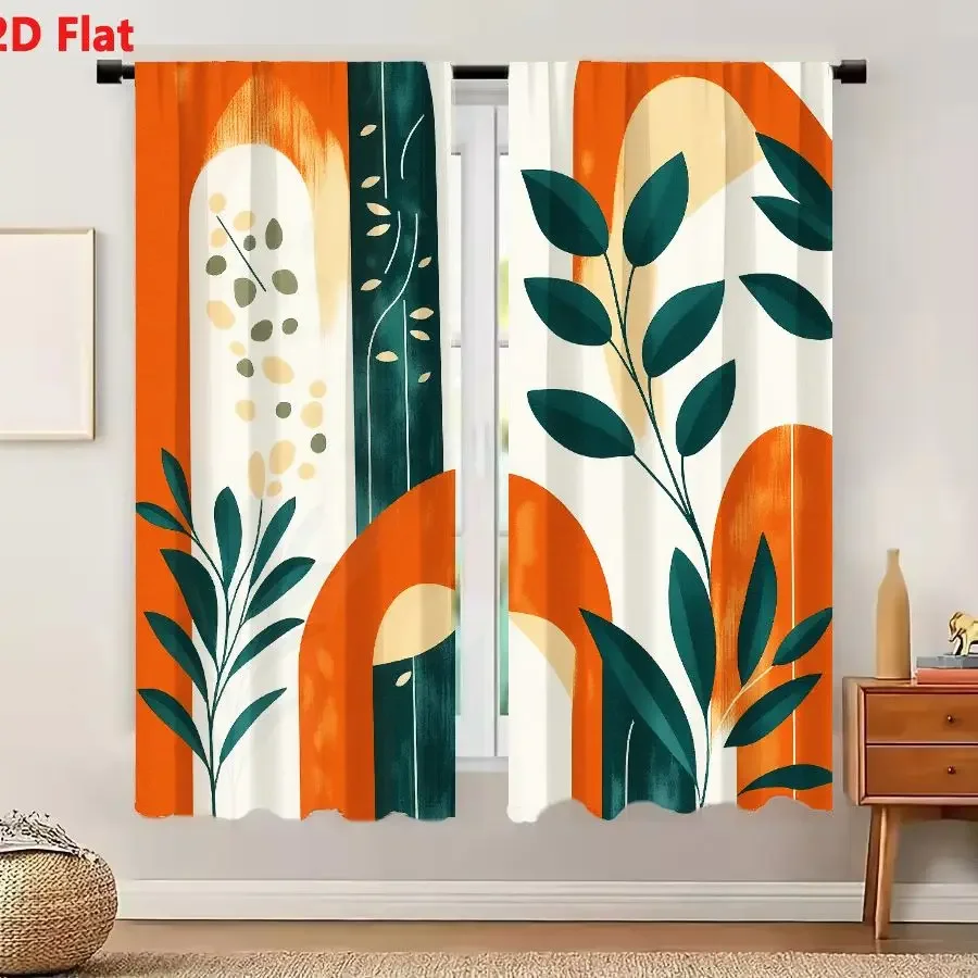 Boho Abstract Leaf Pattern Curtains Orange Green Living Room Window Drapes Modern Home Decor