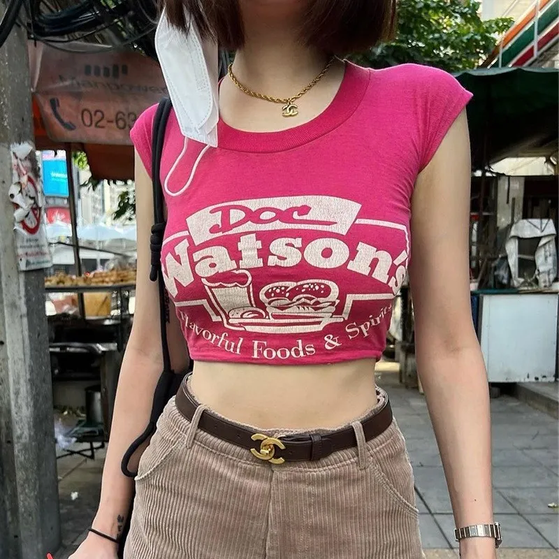 2024 Summer Low Price Promotion Retro Printed Pink Short sleeved T-shirt with exposed navel, Women's Y2K Top