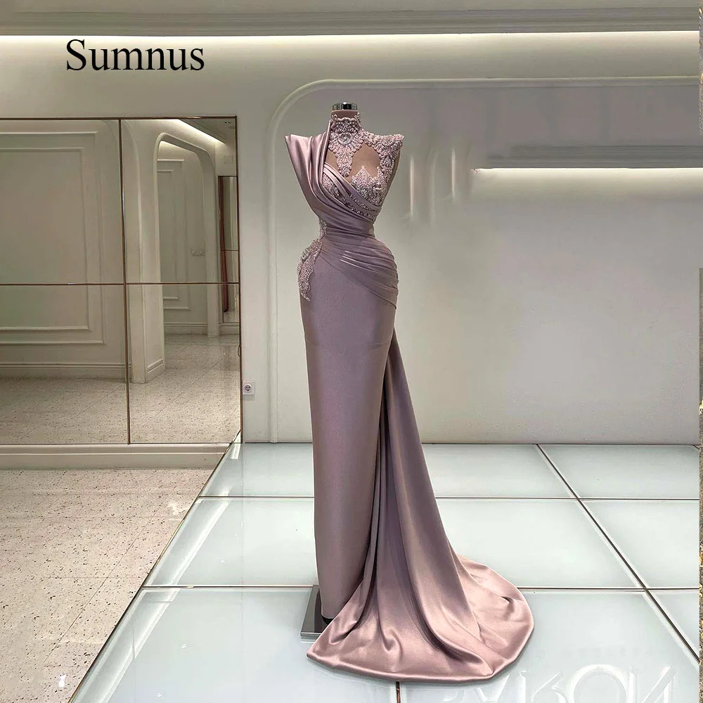 Sumnus-Vestidos de Noche de sirena de satén Lila, apliques de manga casquillo, cuello alto, Dubai, vestido Formal para eventos con tren, vestidos de graduación personalizados