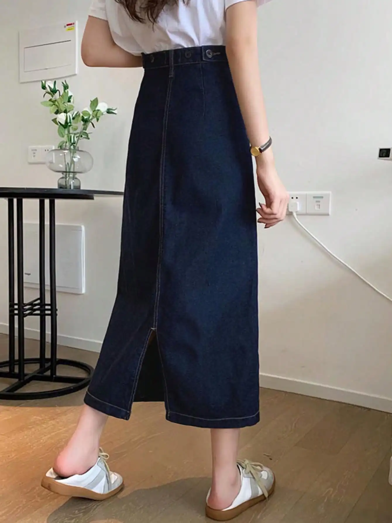 Korean Chic Autum Retro American Blue Mid-Length Hip-Covering A-Line Skirt High-Waisted Slim Denim Skirt Women's Iqo Kmitertao