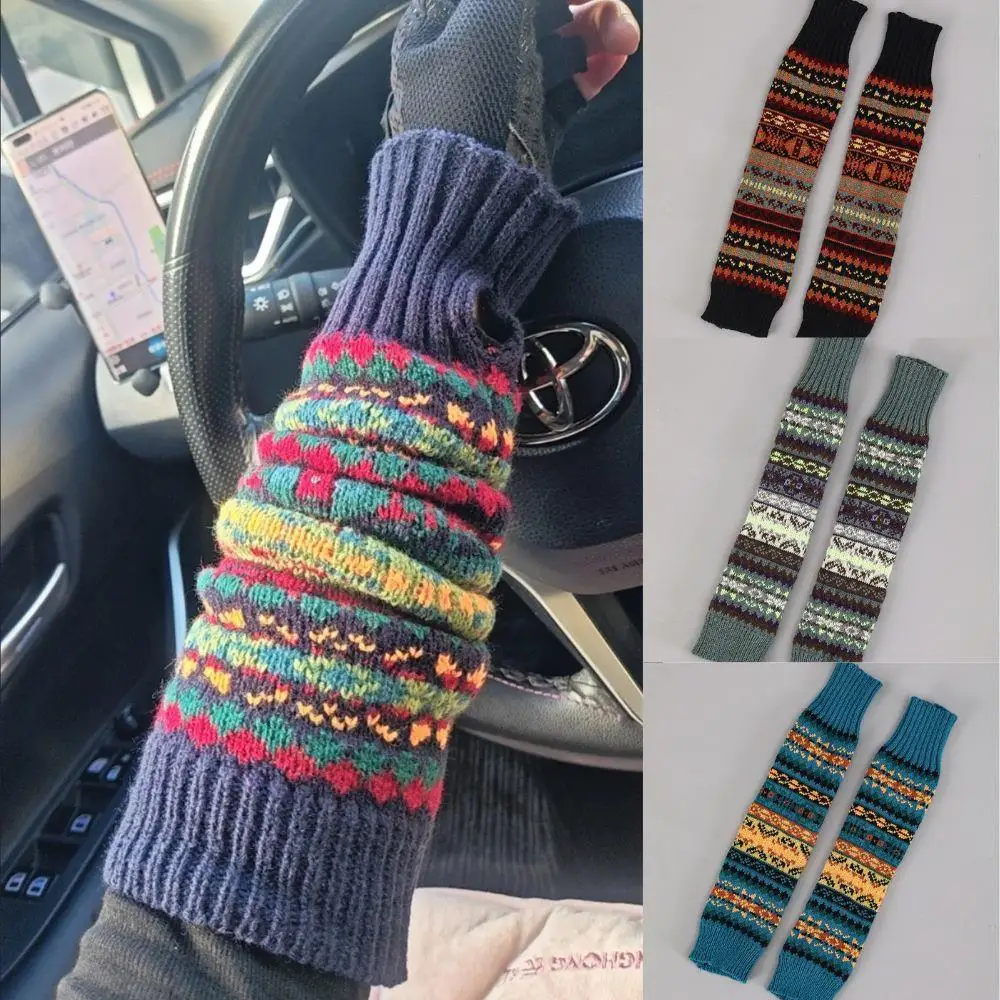 Christmas Warm Arm Warmer Retro Bohemian Women Long Fingerless Gloves Winter Crochet Wool Warm Arm Sleeves Driving Mittens Gifts