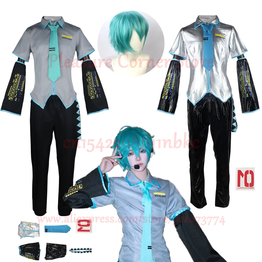 European Size Male Miku Cosplay Costume Wig Full Set Silver Leather Cloth Fabric Suit Miku Male Style Uniform