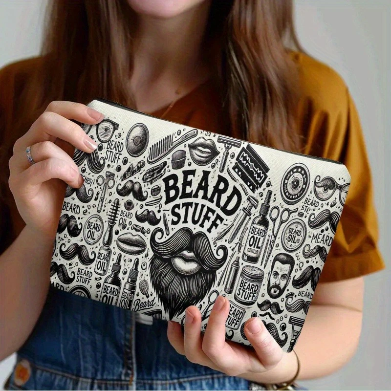 Beard Care Items Collection, Double-Sided Printing | Travel Toiletry Bag | Zipper Closure | Durable Fabric