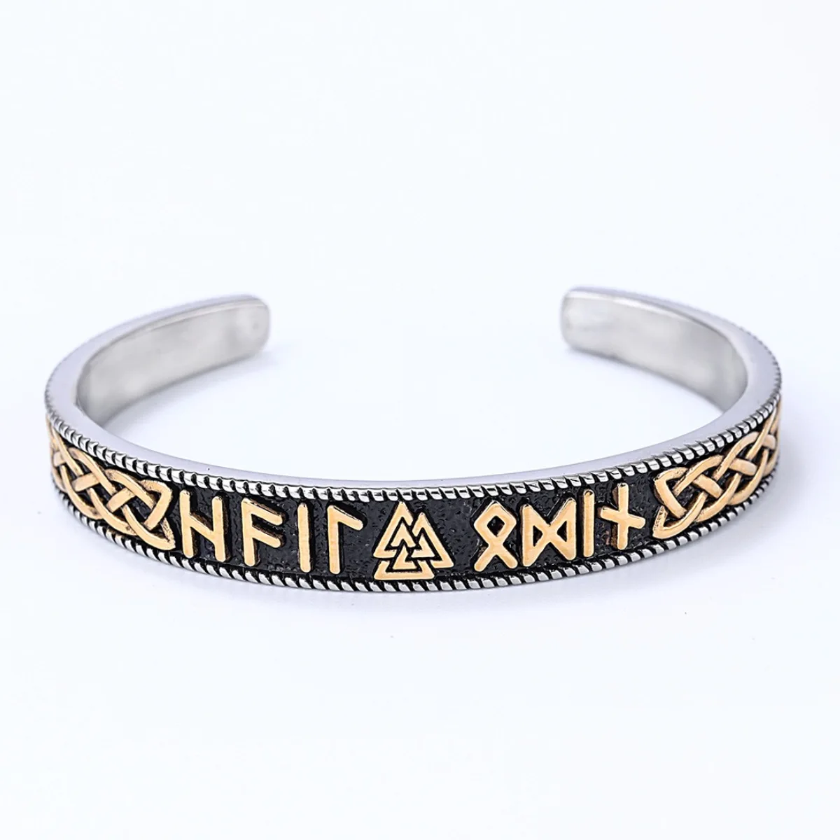 Vintage Viking Rune Bangles for Men Women Celtic Knot Shaped Stainless Steel Open Bracelet Jewelry Medium Golden Accessory Gift