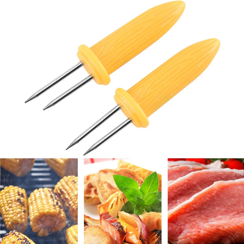 

E5 10Pcs Corn Fork BBQ Stainless Steel Corn Holders Handheld Anti Scalding Corn Needle Corn On The Cob Double Fork Barbecue Tool