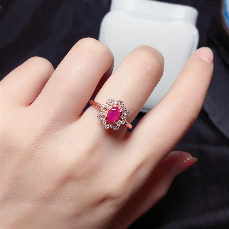 Natural Ruby with Certificate Wedding  Ring for Women Real 925 Sterling Silver 6x4mm Rose Gold