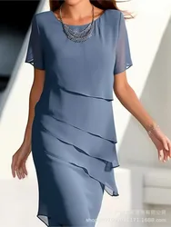 2025 Summer Women's New Solid Color Midi Dress Fashionable Flash Ruffle Edge Round Neck Short Sleeved Casual Comfortable Dress