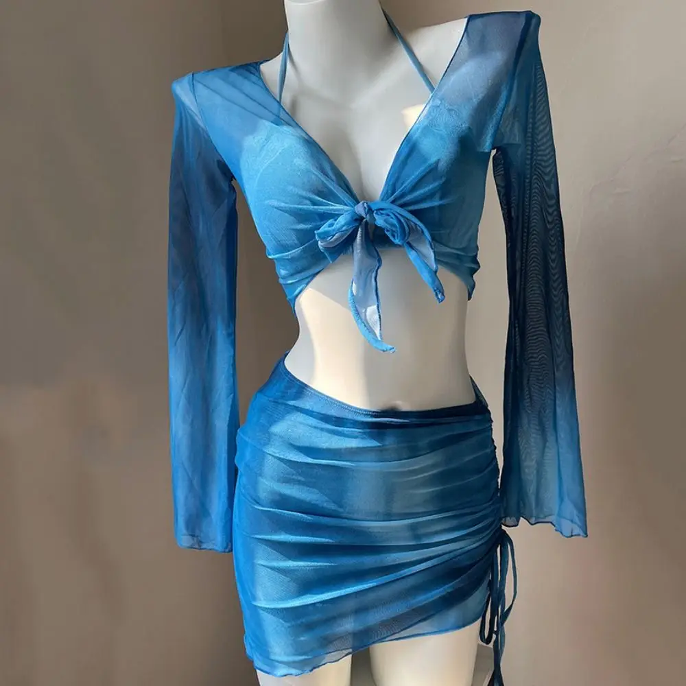 Tie Dye Bikini Set Mesh Long Sleeve Pleated Skirt Bathing Suit Drawstring Mini Skirt Lace-Up Crop Top Swimwear Set Summer Wear