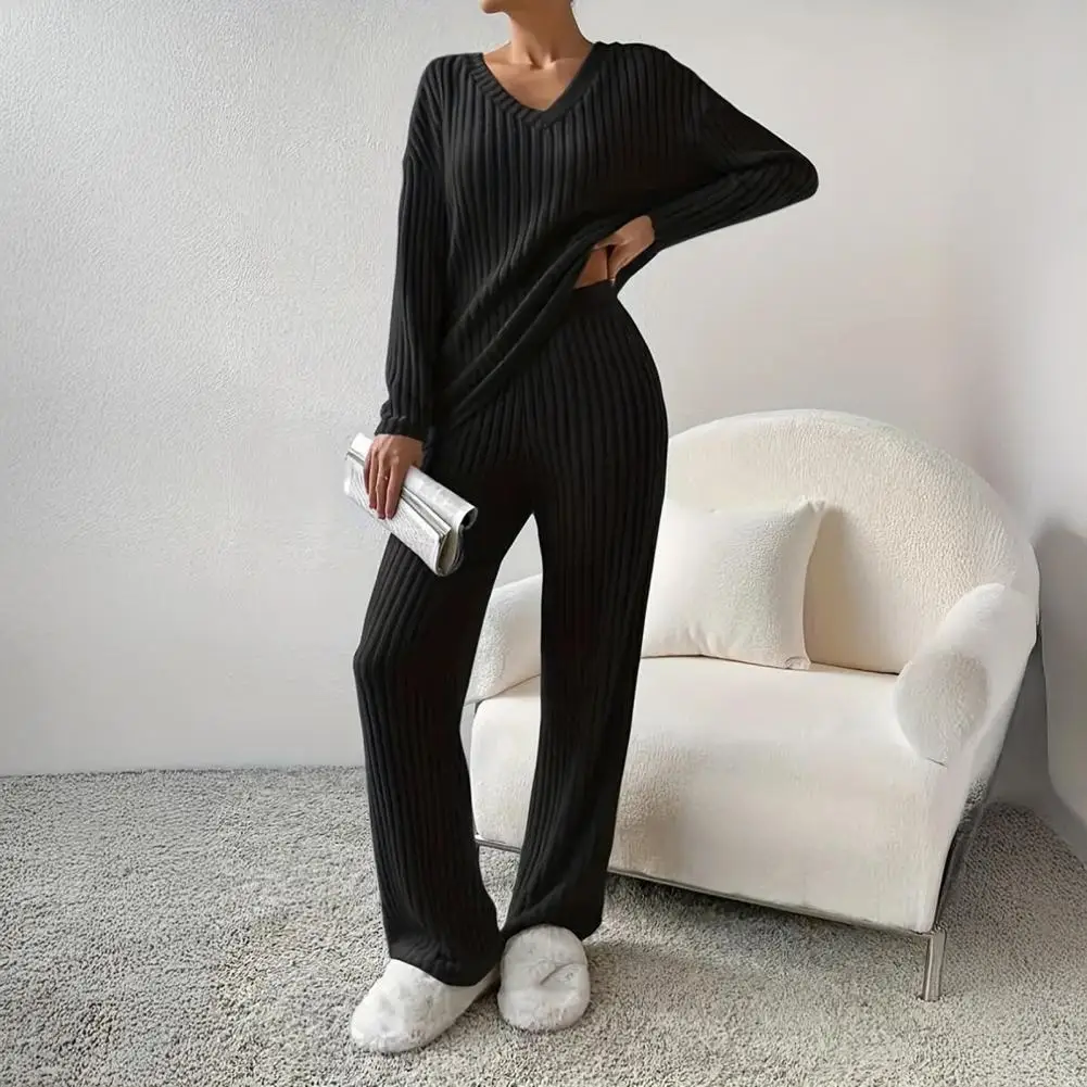 

Relaxed Fit Two-piece Outfit Women's Lounge Set Ribbed Long Sleeve Top Wide Pants Matching Pajamas Casual Two for Comfortable