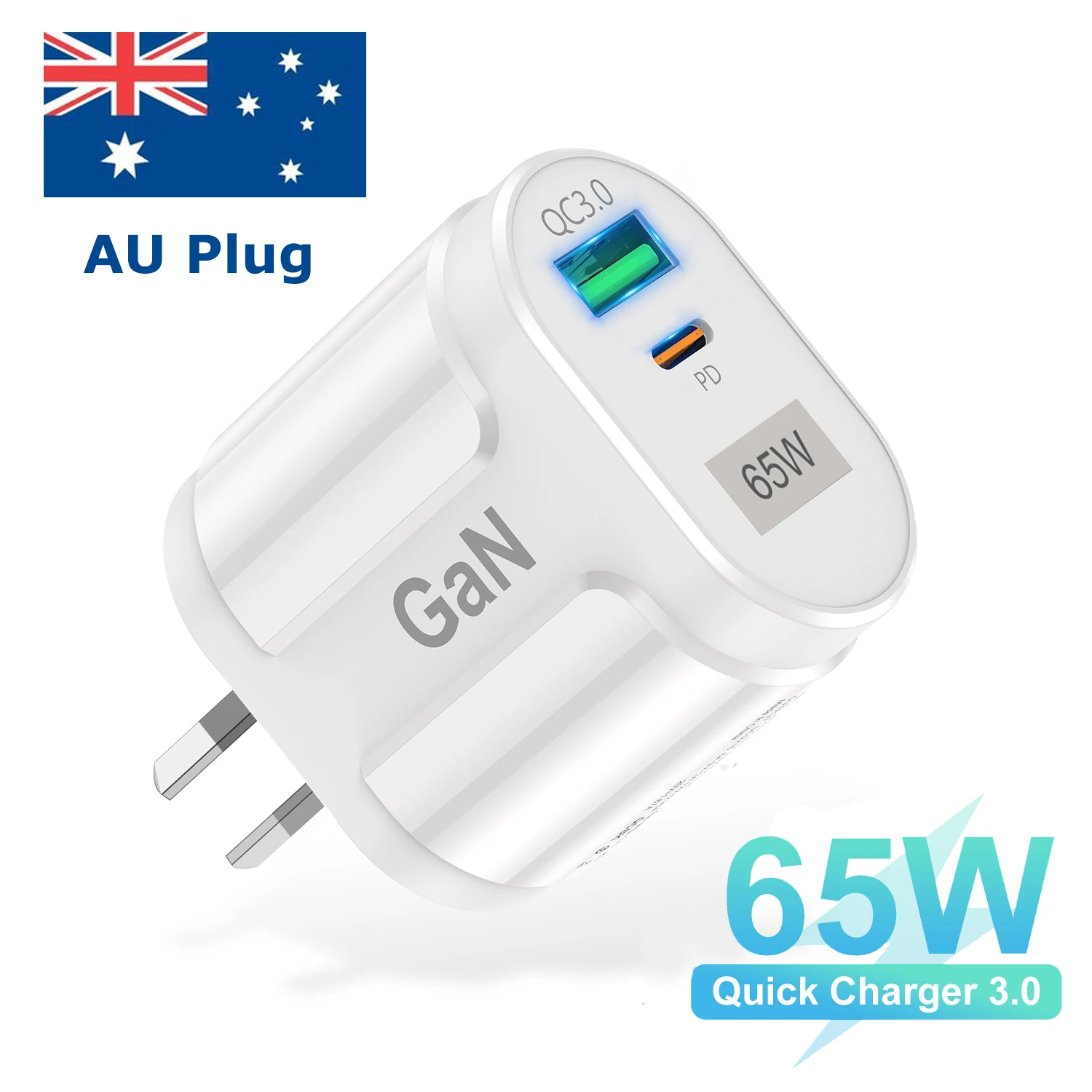 GaN 65W AU Plug USB Type C Fast Charger PD 33W USB C Charger for iPhone 15 Pro Max Australian Quick Charger for Xiaomi QC3.0