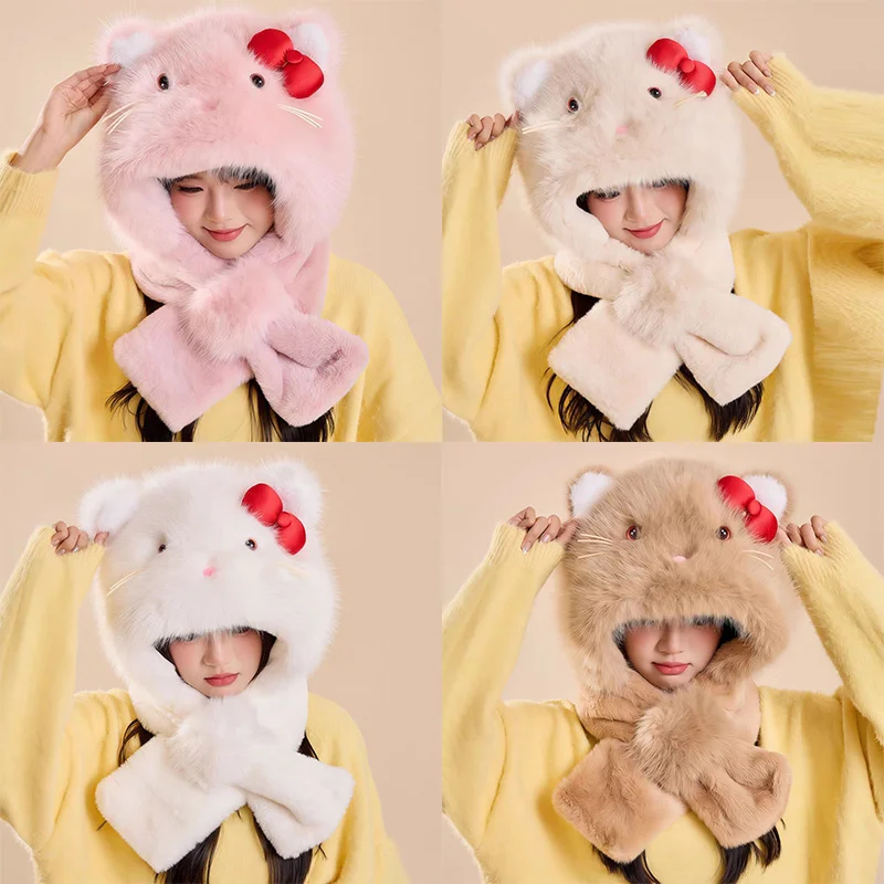 قبعة سانريو هالو كيتي العصرية للفتيات في الشتاء والدفء في الهواء الطلق ومقاومة للرياح والبرودة وشاح بقلنسوة هدية عيد الميلاد