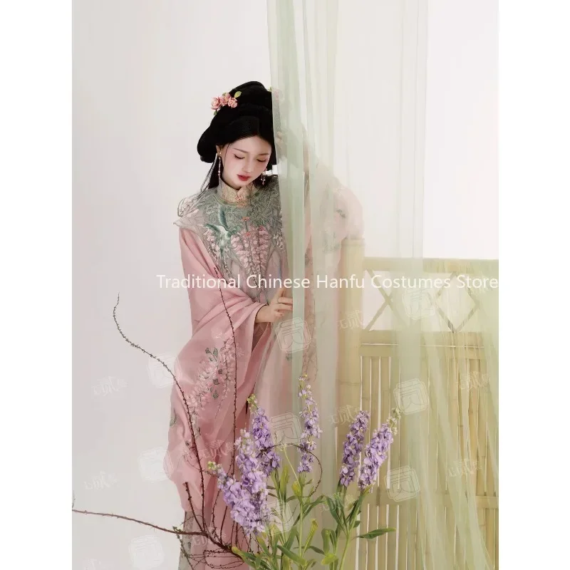 Originele Chinese moderne groene lente opstaande kraag rok vest geborduurde wolk schouderrok orse gezicht rok roze Hanfu