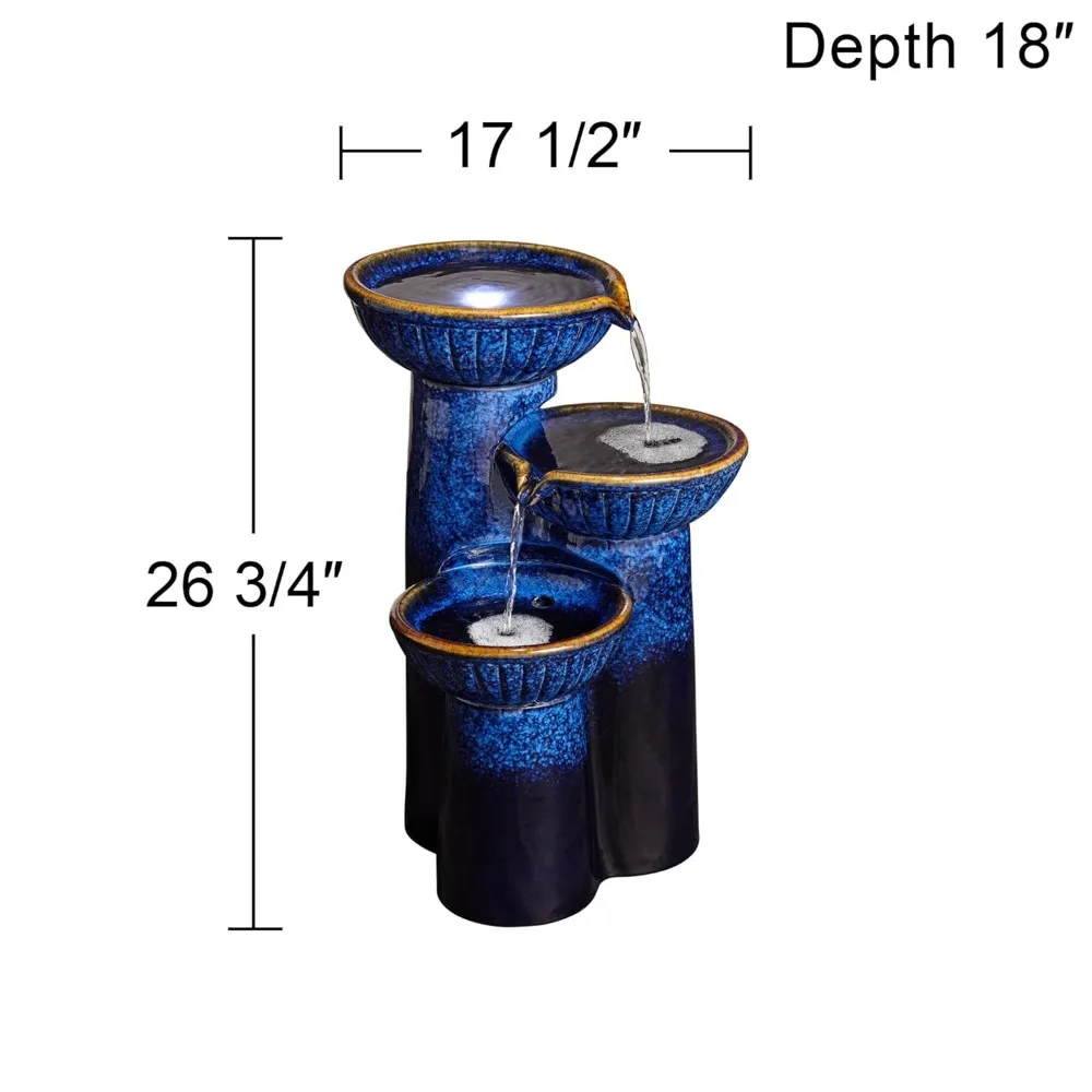 

3-Bowl 26 3/4" High Large Modern Outdoor Decor Blue Cobalt Ceramic Floor Fountain with Light LED Standing Waterfall, Customized