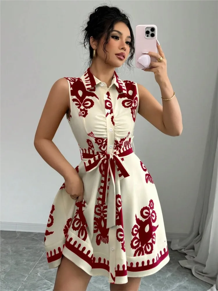 

Women's New Fashion Lapel Tie Slim Print Dress Summer Daily Travel Casual Elegant Temperament Commuting Sleeveless Dresses