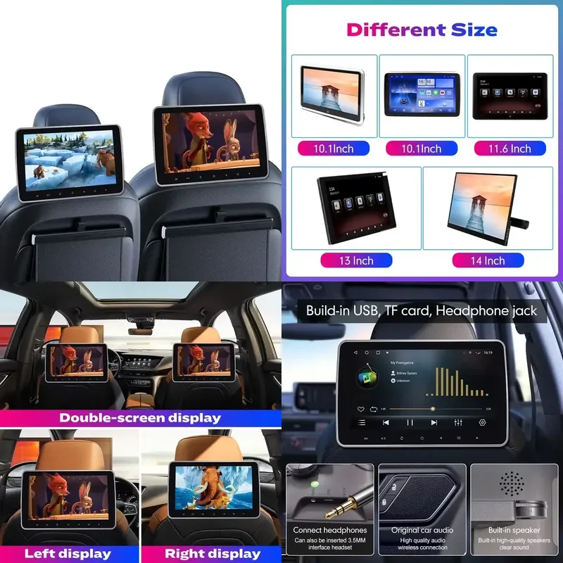 10/11.6/13/14 Inch Android Headrest Touch Screen TV Display Car Back Rear Seat Entertainment Headrest