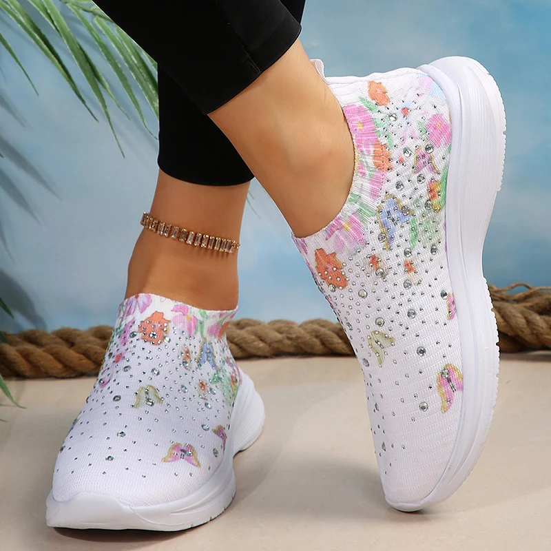 Zapatillas de deporte con estampado de malla para mujer, zapatos planos transpirables de punto con diamantes de imitación, cómodos, antideslizantes,