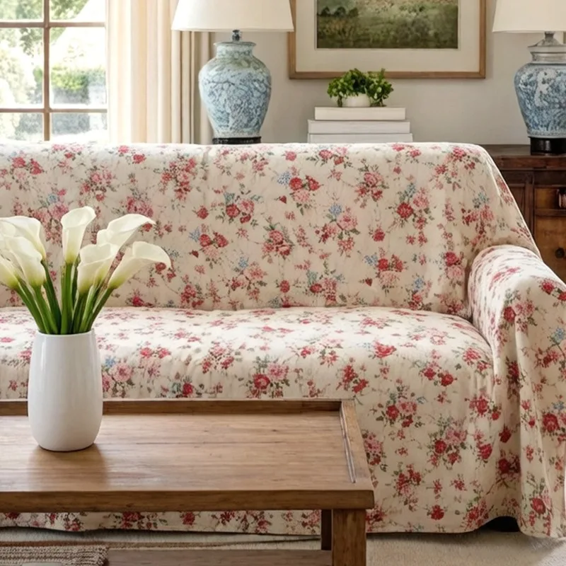 Red Rose Manor Korean  American Pastoral Vintage Cotton Pure Printing Dustproof Romantic Home Cream Wind Pink Lace Sofa Cover