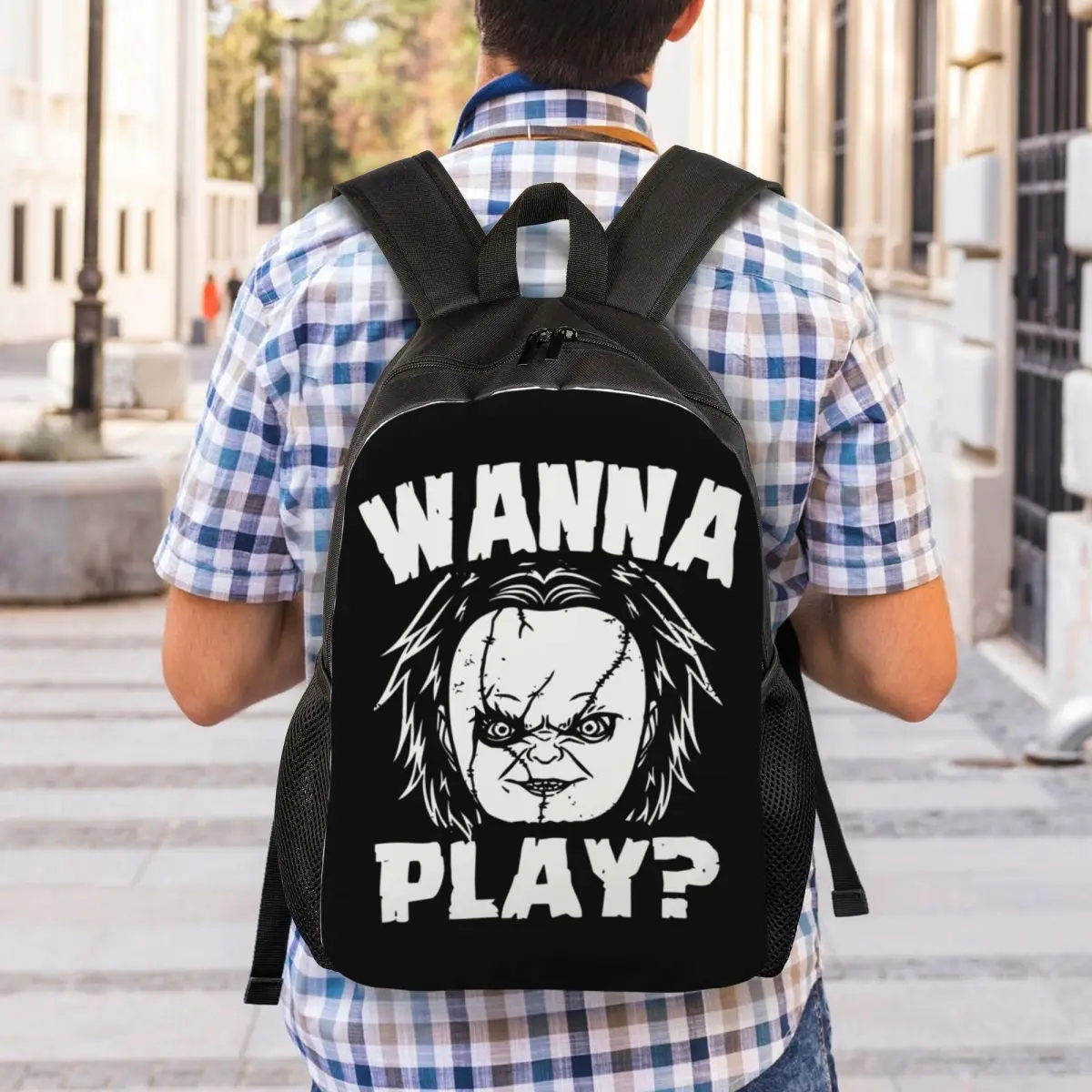 Custom Halloween Horror Movie Wanna Play Backpacks Men Women Basic Bookbag for School College Chucky Doll Bags