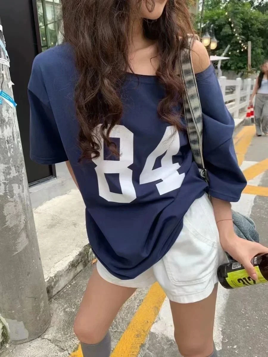 

84 Print Navy Loose T-shirt Women Sexy Skew Collar Strapless Short Sleeve Tee Shirts Summer Preppy Style Casual Vintage Y2k Tops
