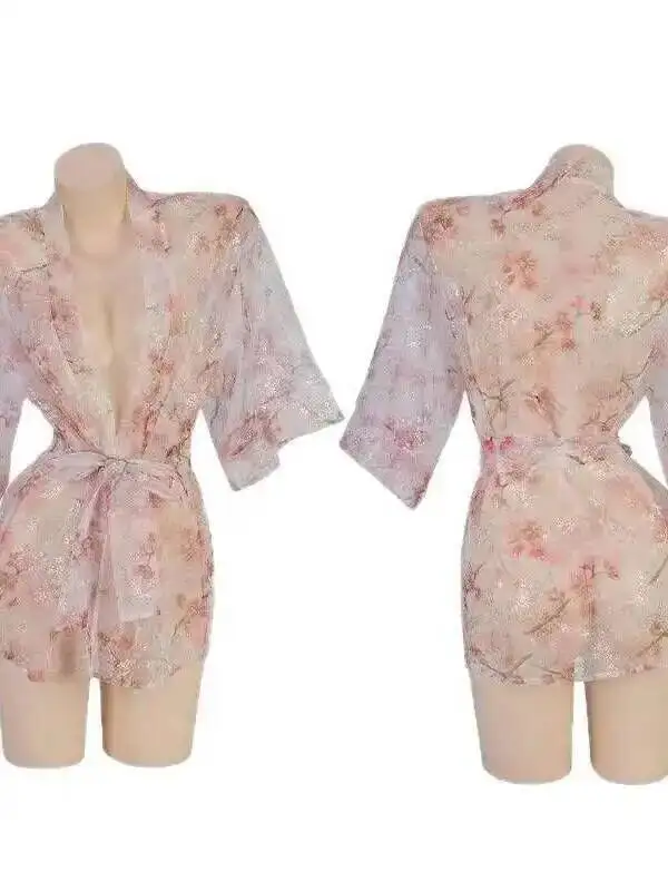 Erotische Sexy Tiefem V-ausschnitt Schulter Strickjacke Perspektive Sheer Mesh Spitze Heißer Gedruckt Kimono Bademantel Kleid Elegante Süße Tops KHB5