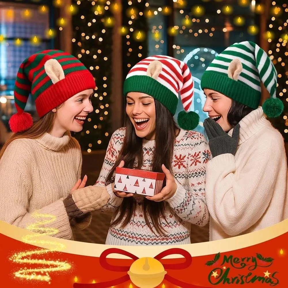 Xmas Costume Headpiece Knitted Christmas Beanie Warm Contrast Color Pointed Pom Bonnet Cute Novelty Elf Knit Hat Gathering