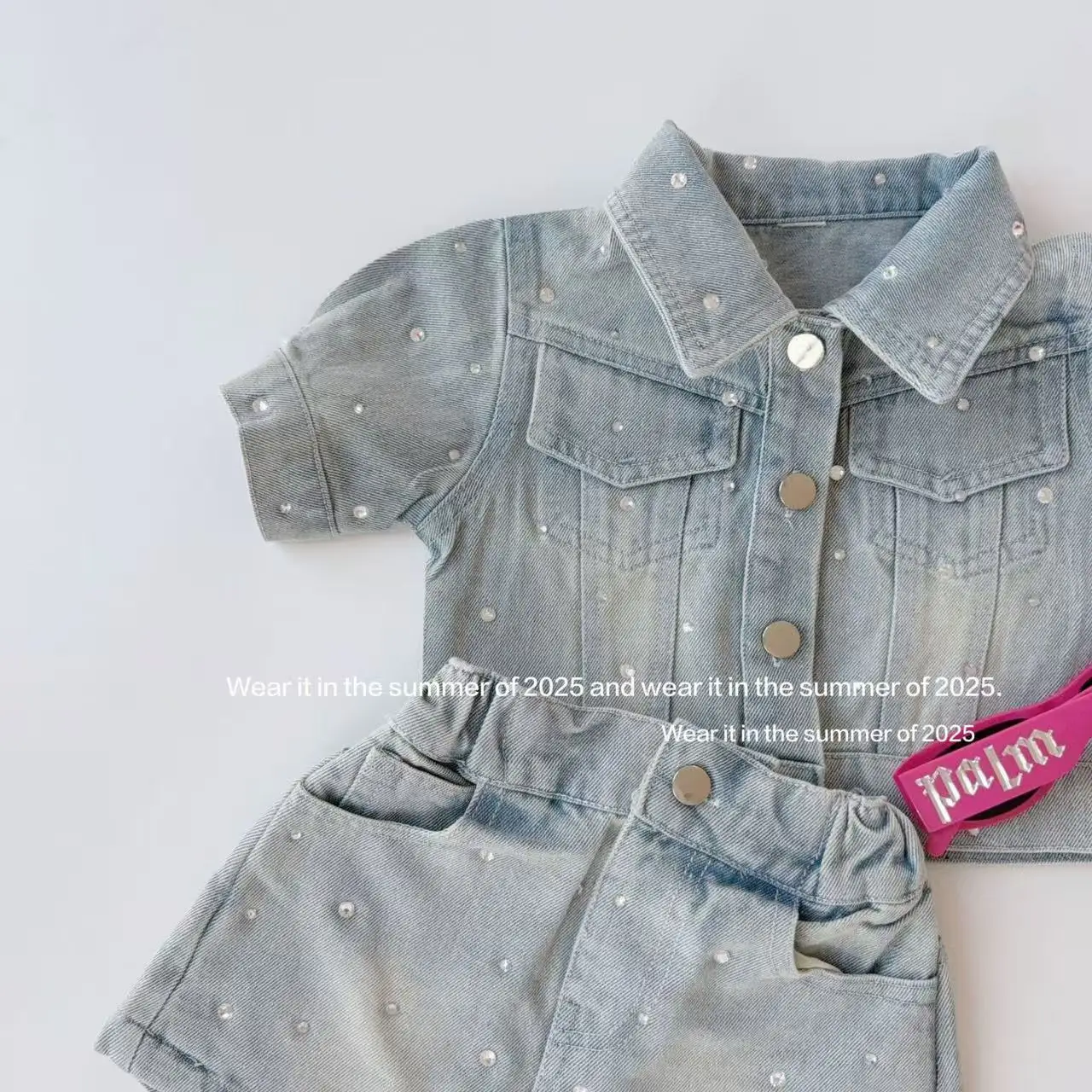 Girls Spring Summer 2025 New Bright Diamond Denim Suit Do Old Retro American Heavy Industry Skirt 2-piece Set 90-170cm