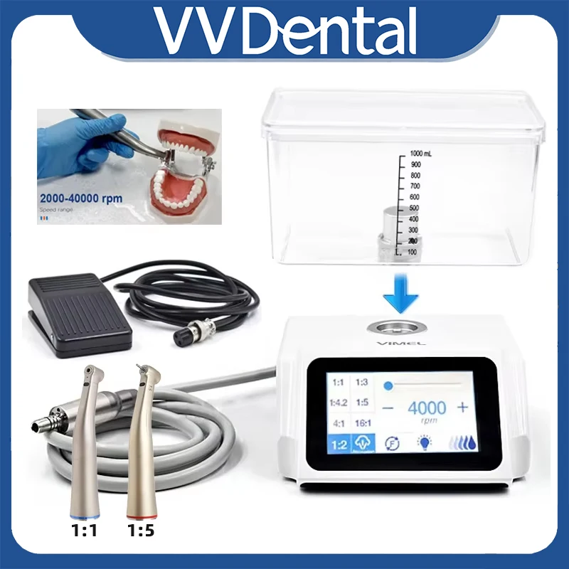 

Электрический бесщеточный светодиодный микромотор VVDental с сенсорным экраном, 1000 мл, резервуар для воды, распылитель подачи 1:5/1:1, оптический угловой наконечник