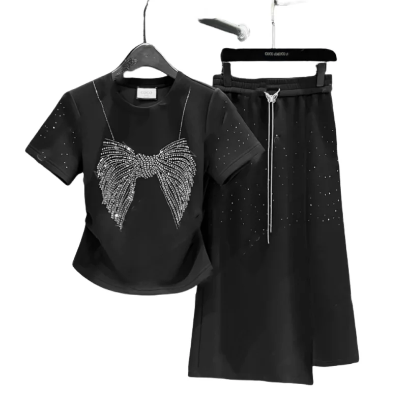 Hot Diamond Kurzarm T-Shirt Langrock Zweiteiler Set für Damen Sommer neue modische und beliebte Damen Set