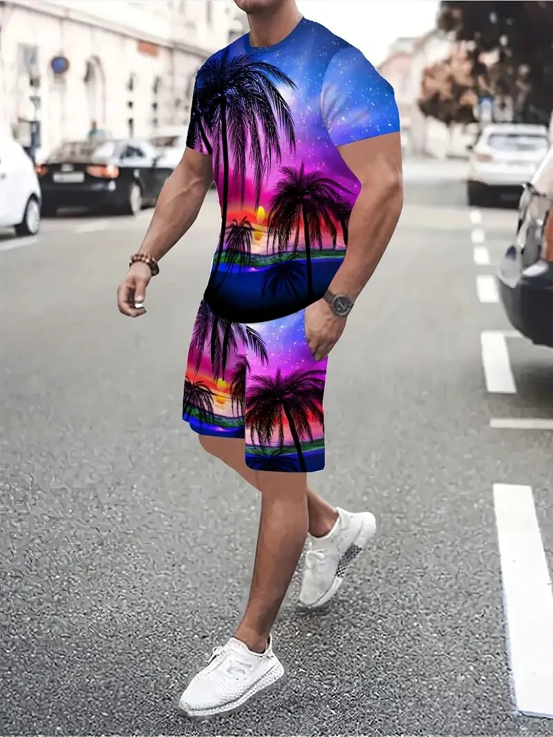 New Hawaiian Men's Beach T-shirt Shorts 2-piece Set Coconut Print Short Sleeve and Shorts Clothing Summer Holiday Men's Clothing