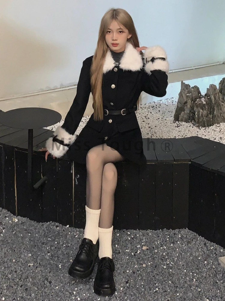 2024 Vintage Elegant Winter New Coat Women Patchwork Y2k Retro Outerwear with Belted Female Korean Fashion Chic Casual Clothes