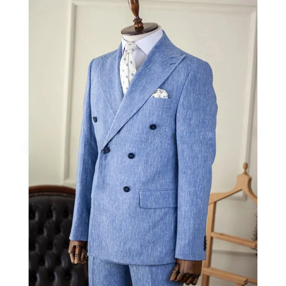 

Fashion Linen Men Suits Blue Summer Peak Lapel Double Breasted Outfits Business Wedding Party Tuxedo 2 Piece (Blazer+Pants)