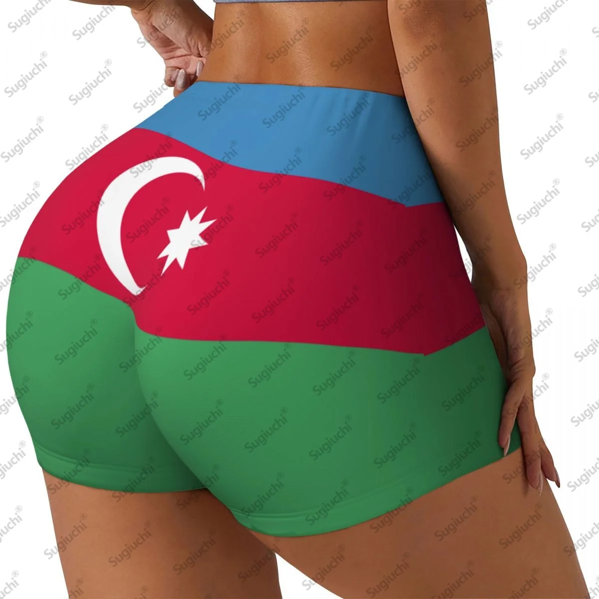 2026年アゼルバイジャン国旗柄ヨガショーツ レディース ワークアウト スクランチバットリフティング ハイウエスト ジム ランニング ショートパンツ