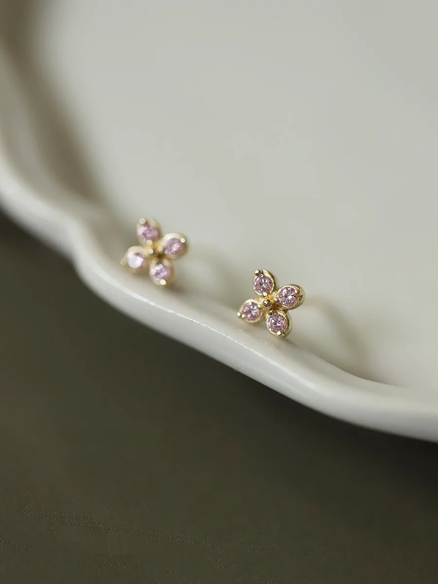 925 Silver Needle Floral Sweet Earrings Simple Inlaid Pink Zircon for Women Wedding Jewelry Accessories Mini Earring