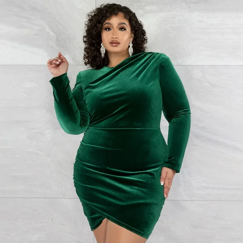 KEXU Velvet Plus Size Women Long Sleeve Ruched Side Asymmetrical High Waist Bodycon Club Dress Evening Sexy Night Party Dresses