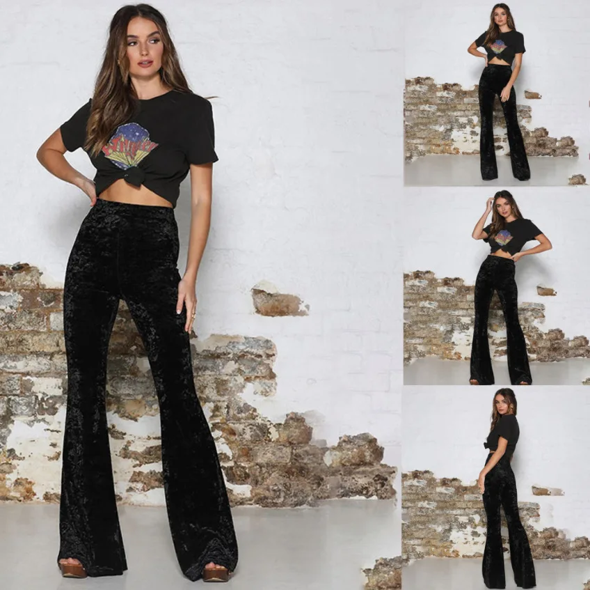 ハイウエスト ゴールドベルベット カジュアル フレアパンツ ストリートスタイル ロングパンツ レディースファッション サマーコレクション その他素材 00%