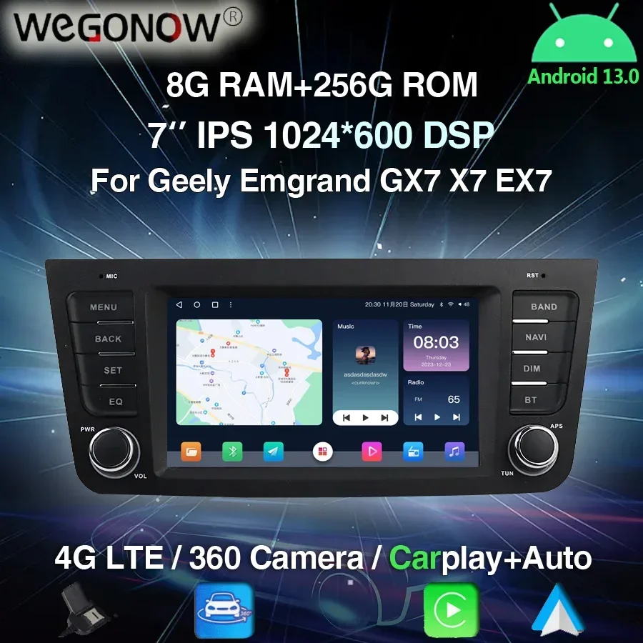 Carplay DSP 7'' IPS Android 13.0 8G+256G 360 camera Car DVD Player GPS 4G LTE WIFI Bluetooth Radio For Geely Emgrand GX7 X7 EX7