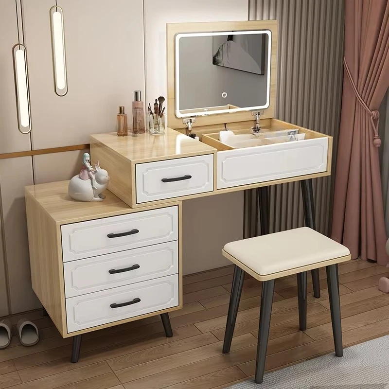 Nordic Hidden Mirror Dressing Table Design Simple Storage Dresser and Nightstand Set Makeup Dressers Bedroom Furniture