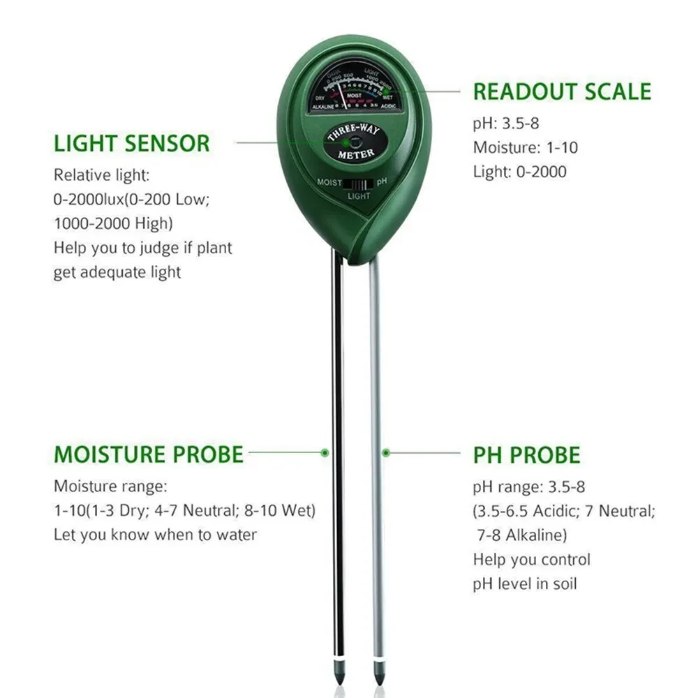 3 In1 Soil Water Moisture PH Meter,Meter Soil Water Acidity Humidity Light PH Test Garden Plants Flowers Moist Tester