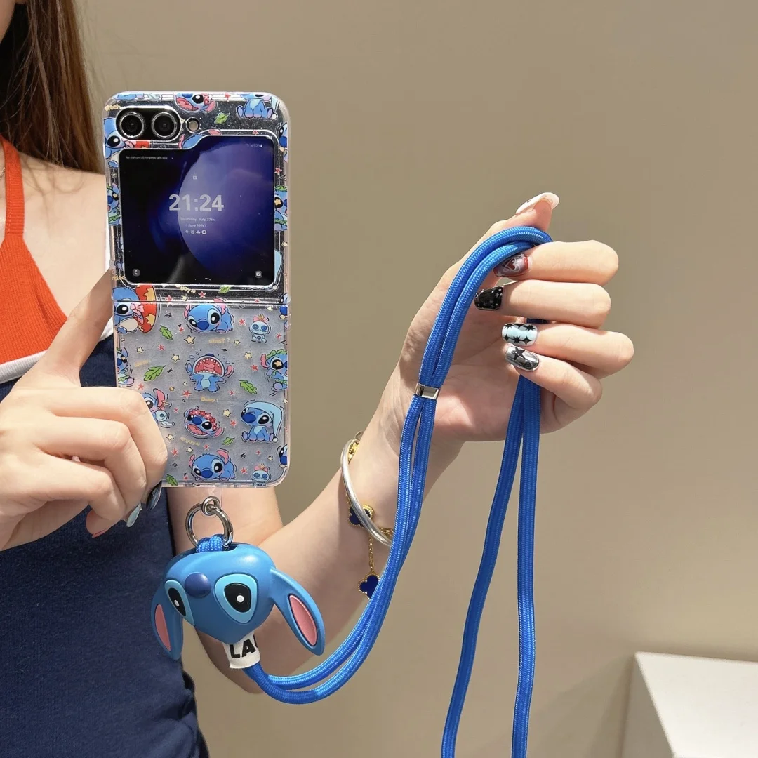 いたずらなステッチ ハッピー ストラップ ヒンジ 耐衝撃 スマホケース Samsung Z Flip 7 6 5 4 ZFlip 6 ZFlip 5 折りたたみ式 ハードPC ソリッドカバー