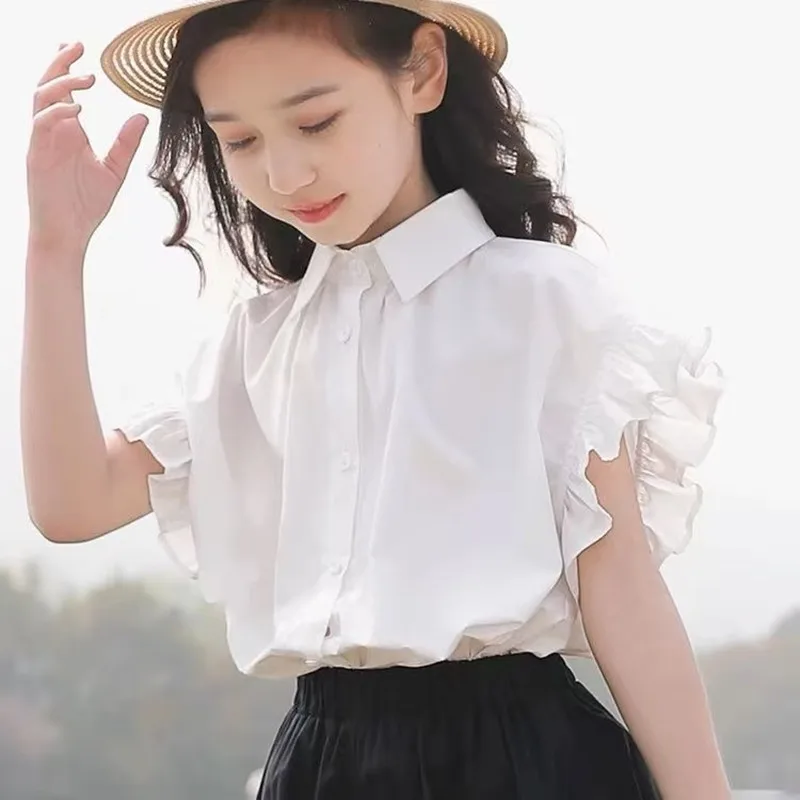 Children's Clothing Female Middle Large Children Short-Sleeved Small fly-sleeved Shirt Foreign-style Shirt Children's Shirt