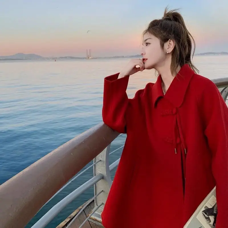 

Women's Autumn and Winter New Korean Version Design Sense Niche High-end Medium and Long Woolen Coat for Women Loose Woolen Coat