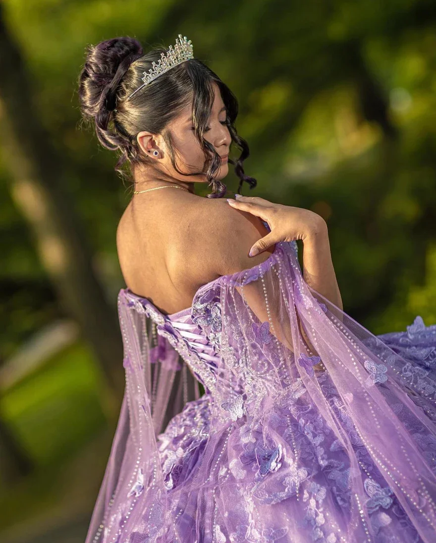 Vestido de baile roxo para meninas, apliques de luxo, doce 16 vestido, flores frisadas, vestido de lantejoula México, 1