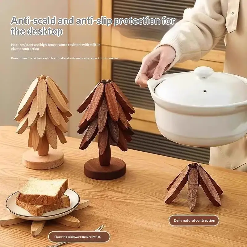 Foldable Wooden Tree Shaped Trivet Heat Resistant Anti Slip Kitchen Mat for Hot Pans Pots Dishes Home Daily Use