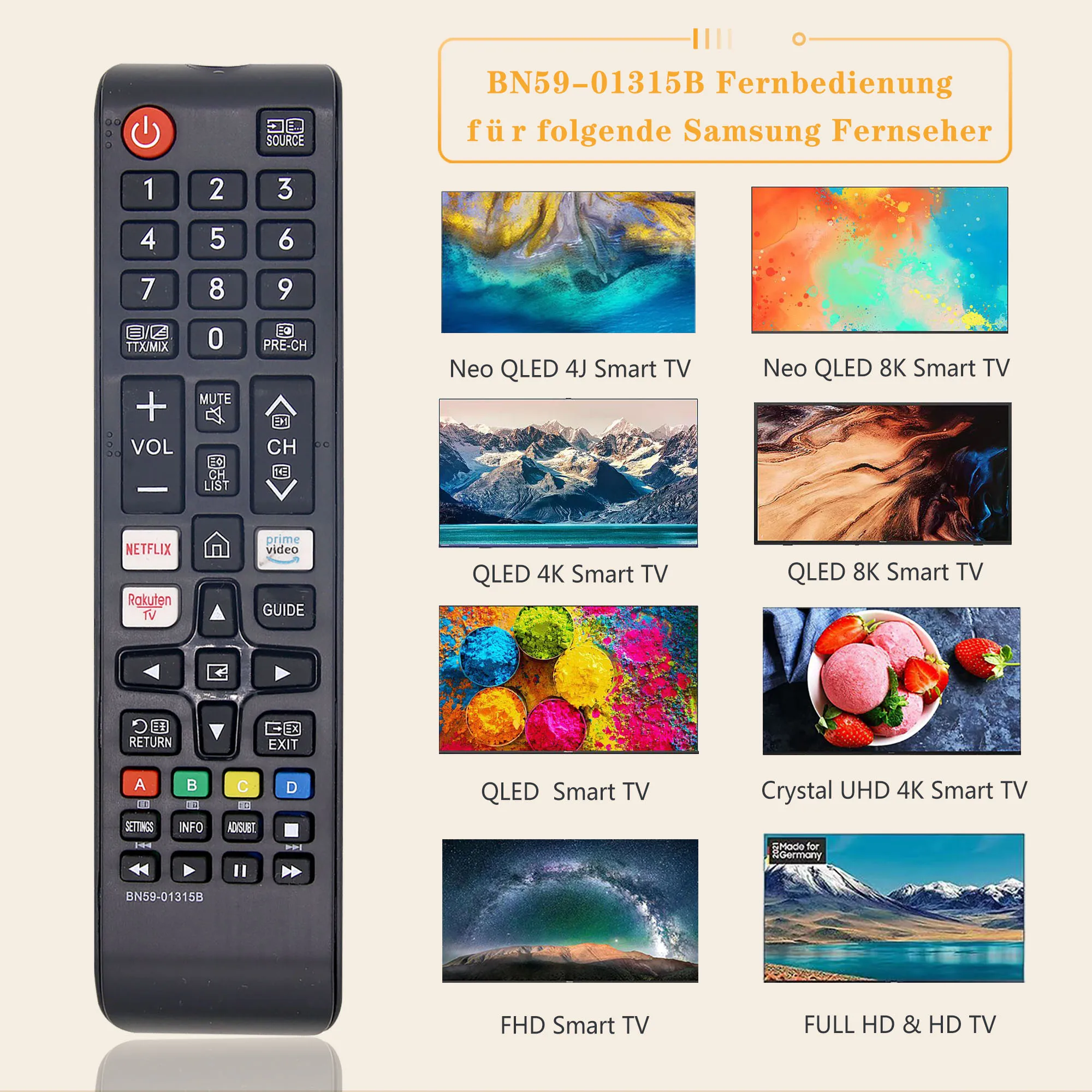 Control Remoto Universal de Repuesto BN59-01315B para Televisores Samsung Smart TV 4K 8K LCD LED UHD HDR Crystal QLED Serie UE Quantum