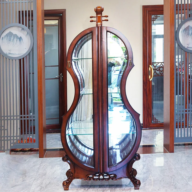 

Violin wine cabinet, solid wood carved glass, double door living room display cabinet, household light luxury decoration