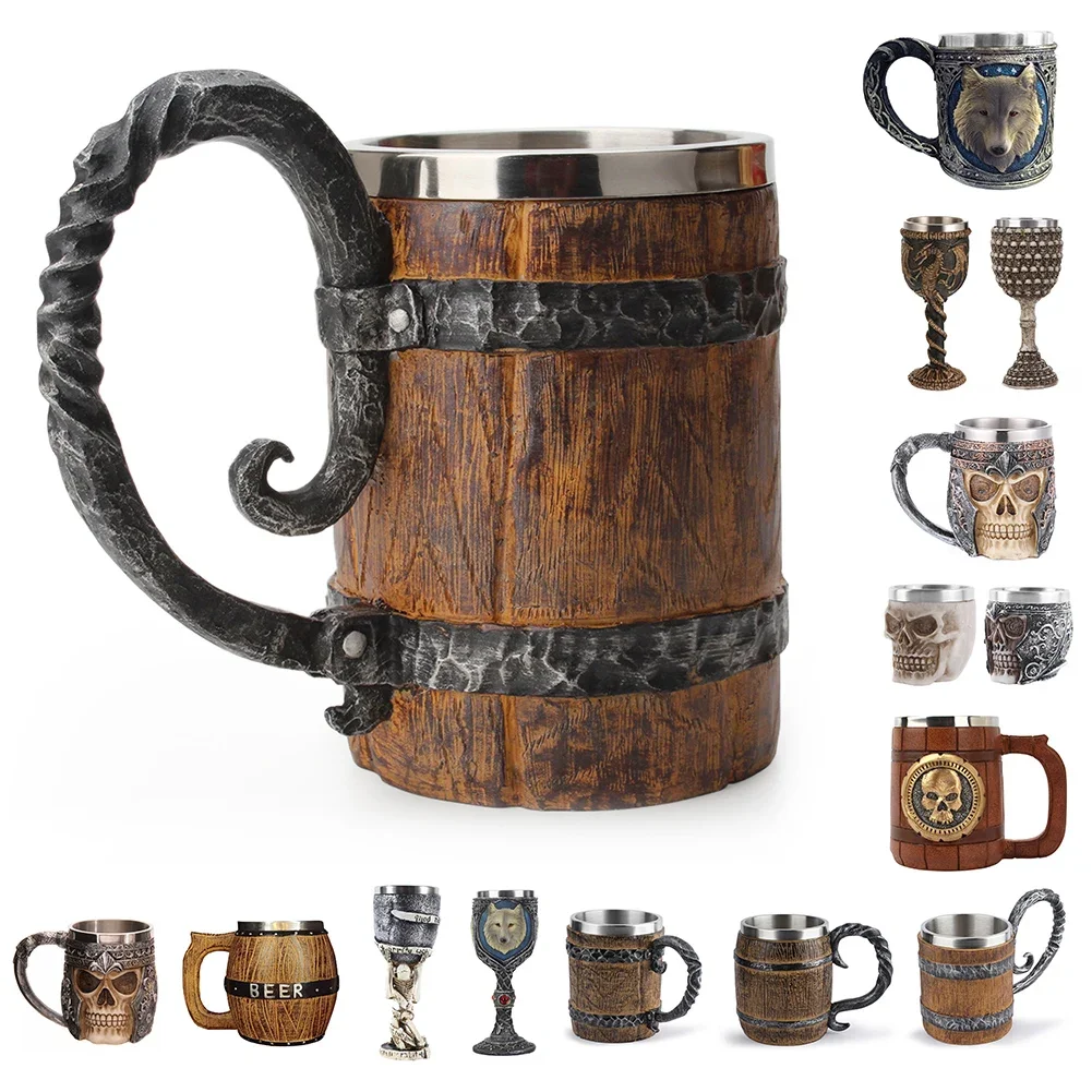 Lnsulated metal Viking resin imitation wooden barrel beer glass double wall drinking cup stainless steel inner liner