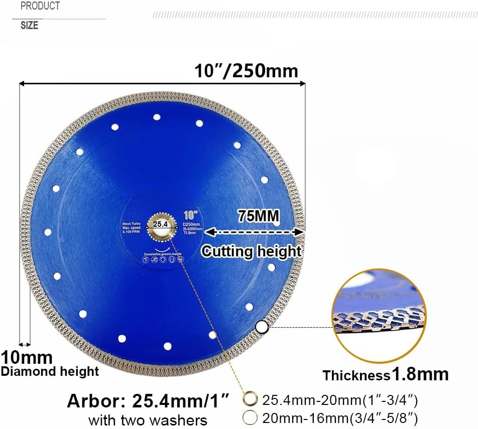 10 Inch Diamond Saw Blade Cutting Disc for Porcelain Tile Ceramic Granite Marble Brick