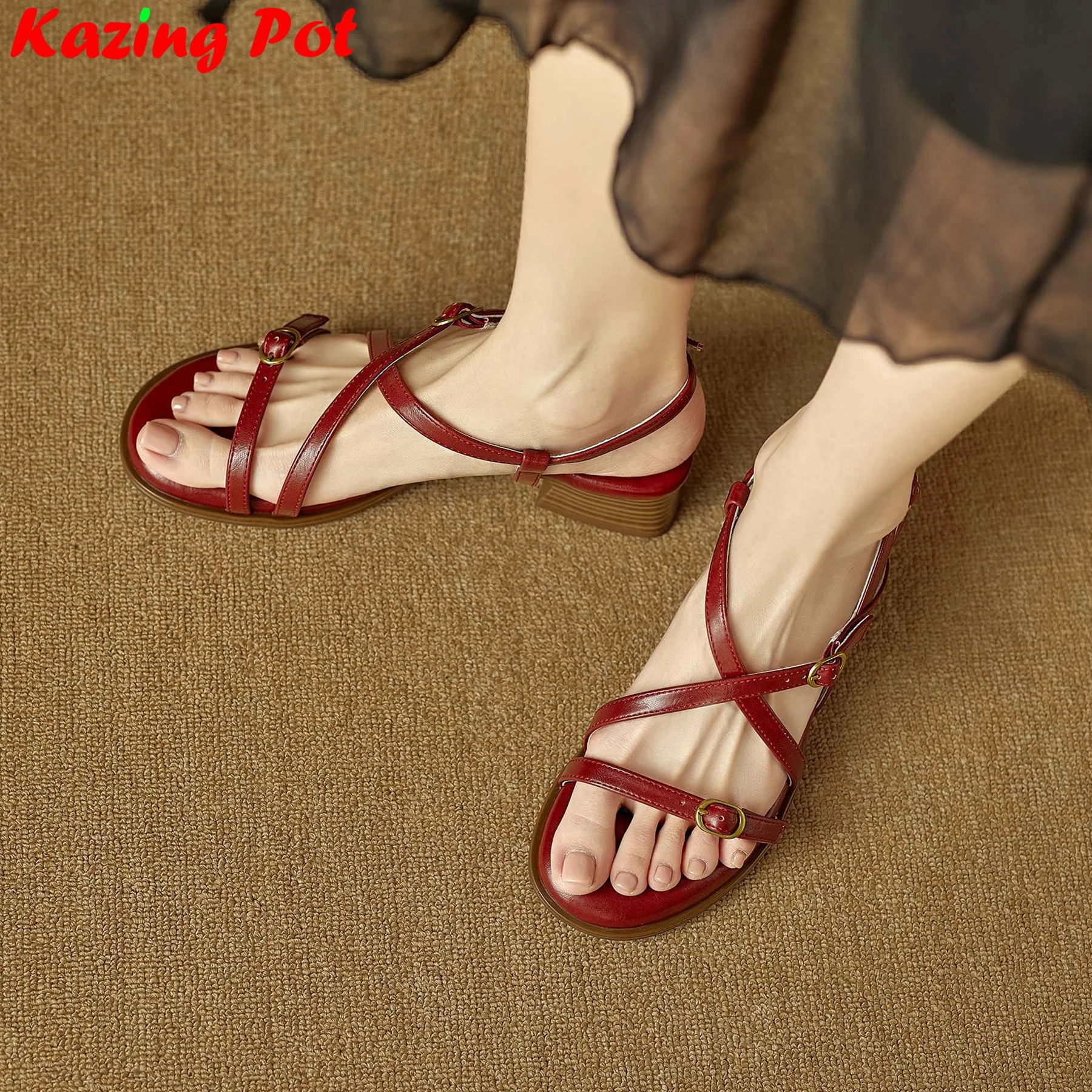 Plus Size Cow Skin Med Heels Peep Toe Summer Shoes Office Lady Dating Slingback Dress Gladiator Party Brand Modern Women Sandals